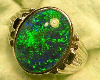 Mens Opal Ring Sterling Silver Natural Opal Triplet 16x12mm Oval  item 190819.