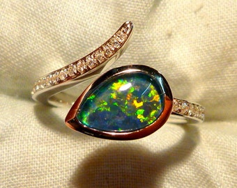 Womens Opal Ring Ladies Sterling Silver 925 & CZ, 9x6mm Teardrop Triplet. item 100914.