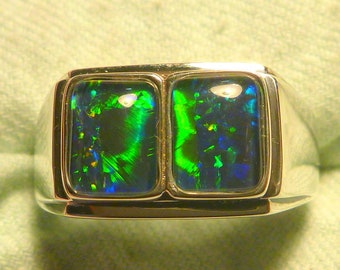 Mens Opal Ring SS (925) Natural Opal Triplet 2 x 8 x 6mm Rectangles . item 170046.