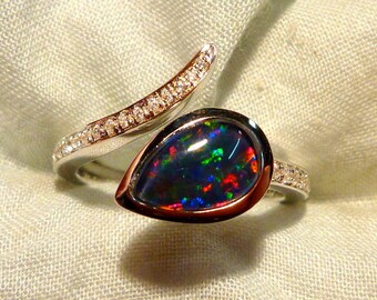 Womens Opal Ring Ladies Sterling Silver 925 & CZ, 9x6mm Teardrop Triplet. item 100902.