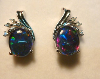 Opal Earrings Sterling Silver & CZ Stud. Natural Triplet Opals 10 x 8mm Oval. item 070903.