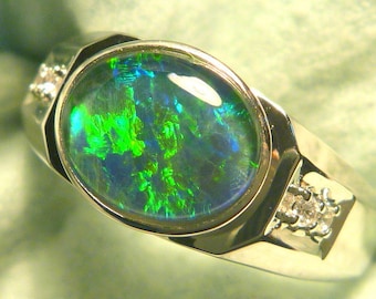 Mens Opal Ring Sterling Silver, Natural Opal Triplet. 10x8mm Oval . item 150783.
