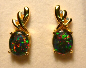 Opal Earrings G/P Sterling Silver & CZ Stud. Natural Triplet Opals 10 x 8mm Oval. item 070849.