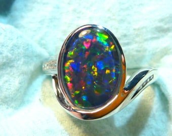 Womens Opal Ring Ladies Sterling Silver (925) & CZ, 13 x 9mm Oval Shape Triplet. item 120274.