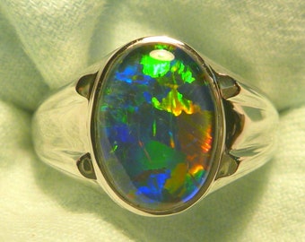 Mens Opal Ring Sterling Silver, Natural Opal Triplet  14x10mm Oval  item 170781.