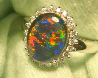 Womens Opal Ring Ladies Sterling Silver 925 & CZ, 10x8 mm Oval Shape Triplet. item 180284.
