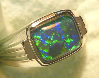 Mens Opal Ring Sterling Silver, Natural Opal Triplet. 10x8mm Rectangle. item 140862