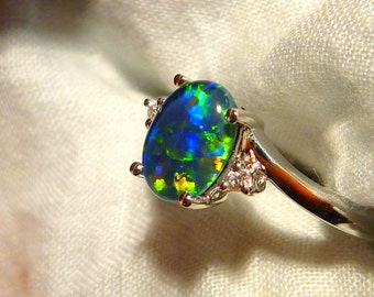 Womens Opal Ring Ladies Sterling Silver 925 & CZ, 8x6mm Oval Shape Triplet. item 100597.