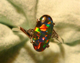 Womens Opal Ring Ladies Sterling Silver (925) & CZ, 12 x 6mm Oval Shape Triplet. item 140289.