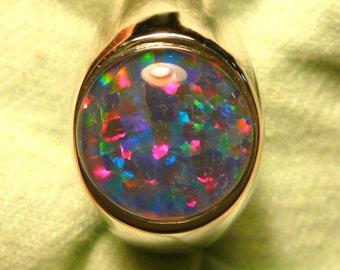 Mens Opal Ring Sterling Silver, Natural Opal Triplet. 12mm Round . item 130614