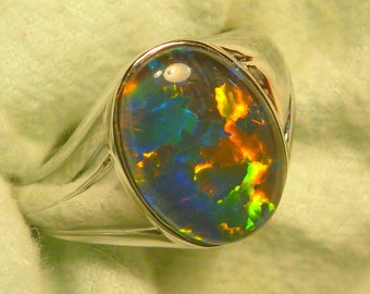 Mens Opal Ring Sterling Silver Natural Opal Triplet 14x10mm Oval . item 190786.