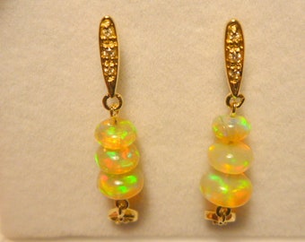 Opal Earrings 14ct Gold  & Diamond. Natural Solid Opal Beads . item 130918
