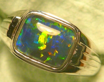 3Mens Opal Ring Sterling Silver Natural Opal Triplet. 10x8mm Rectangle item 170404.