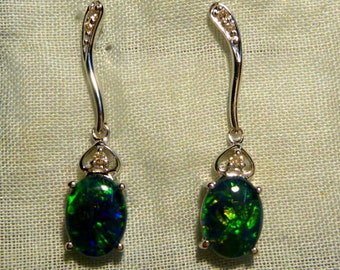 Opal Earrings 14ct White Gold & Diamond. Natural Triplet Opals 8x6mm Oval. item 80310.