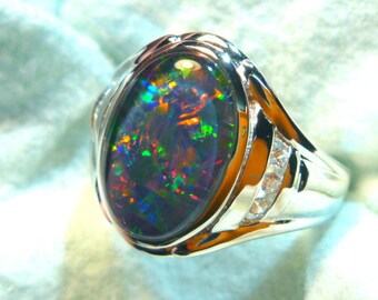 Womens Opal Ring Ladies Sterling Silver (925) & CZ, 13 x 9mm Oval Shape Triplet. item 120250
