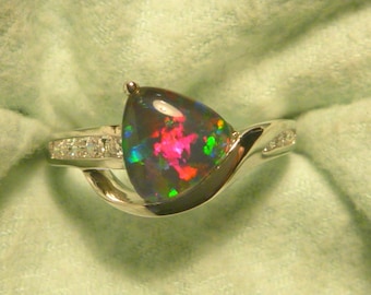 Womens Opal Ring Ladies Sterling Silver 925 & CZ, 8x 8mm Trillion Triplet. item 160103.