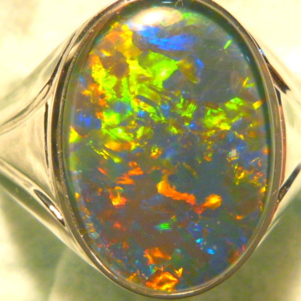 Mens Opal Ring Sterling Silver, Natural Opal Triplet. 18x13 mm Oval . item 140536.