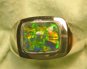 Mens Opal Ring Sterling Silver, Natural Opal Triplet. 10x8mm Rectangle. item 190695.