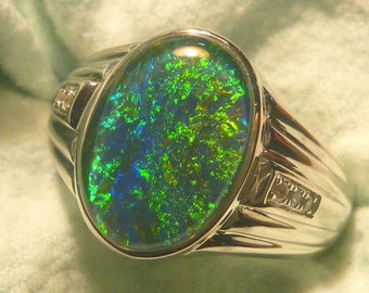 Mens Opal Ring Sterling Silver, Natural Opal Triplet  14x10mm Oval  item 140812