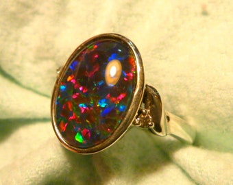 Womens Opal Ring Sterling Silver (925) & CZ, 13 x 9mm Oval Shape Triplet. item 140293.