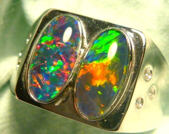 Mens Opal Ring SS (925) Natural Opal Triplet 2 x 12x6mm Oval . item 150375.