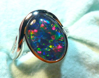 Womens Opal Ring Ladies Sterling Silver (925) & CZ, 13 x 9mm Oval Shape Triplet. item 120265.