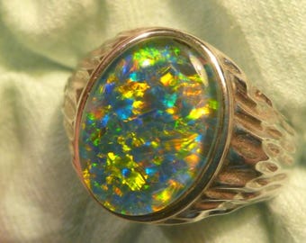 Mens Opal Ring Sterling Silver, Natural Opal Triplet. 16x12mm Oval . item 30797.