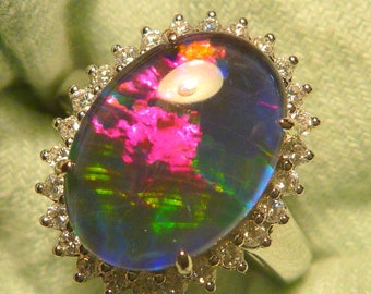 Womens Opal Ring Ladies Sterling Silver 925 & CZ, 14x10 mm Oval Shape Triplet. item 180149.