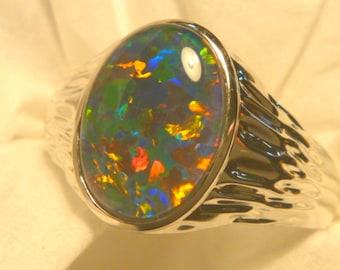 Mens Opal Ring Sterling Silver Natural Opal Triplet 14x10mm Oval . item 180985.