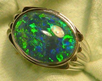 Mens Opal Ring Sterling Silver, Natural Opal Triplet. 16x12mm Oval . item 190459.