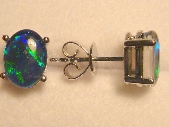 Opal Earrings 14ct  White Gold Triplet Opals 8x6mm Oval item 110665