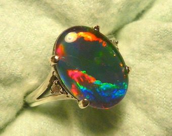 Womens Opal Ring Ladies Sterling Silver (925) & CZ, 13 x 9mm Oval Shape Triplet. item 150939.