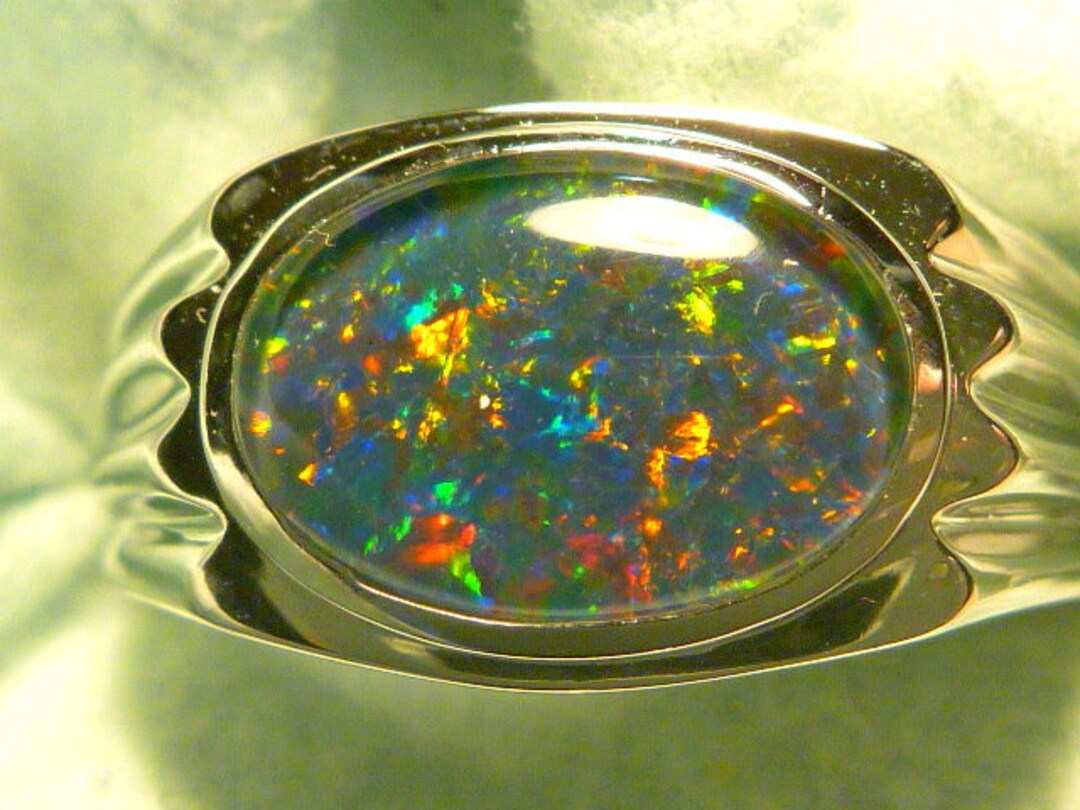 Mens Opal Ring Sterling Silver, Natural Opal Triplet. 13x9 Mm Oval