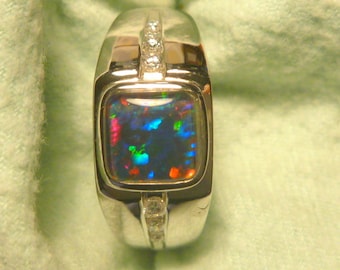 Mens Opal Ring Sterling Silver Natural Opal Triplet  8mm Square. item 150979.