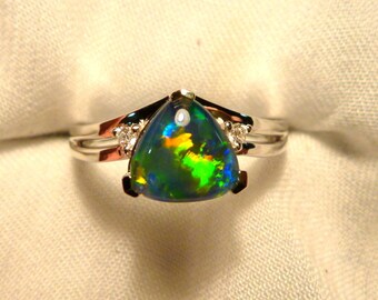 Womens Opal Ring Ladies Sterling Silver 925 & CZ, 8x 8mm Trillion Triplet. item 070283.