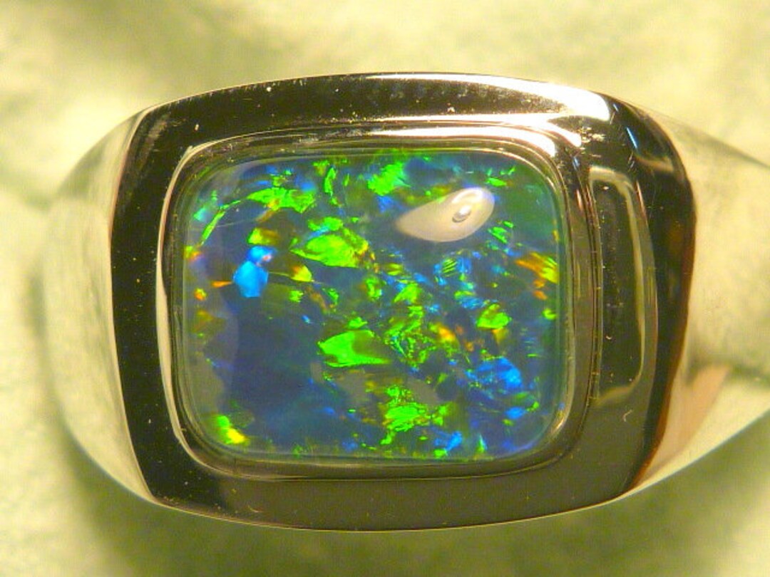 Mens Opal Ring Sterling Silver, Natural Opal Triplet. 10x8mm Rectangle
