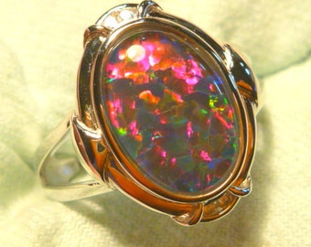 Womens Opal Ring Ladies Sterling Silver (925) & CZ, 13 x 9mm Oval Shape Triplet. item 120851.