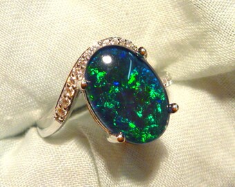 Womens Opal Ring Ladies Sterling Silver 925 & CZ, 13 x 9mm Oval Shape Triplet. item 100695.