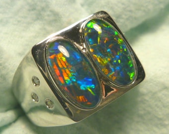 Mens Opal Ring SS (925) Natural Opal Triplet 2 x 12x6mm Oval . item 150248.