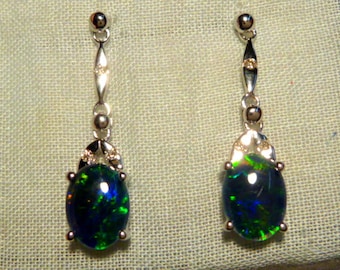 Opal Earrings 14ct White  Gold & Diamond. Natural Triplet Opals 8x6mm Oval. item 80317.