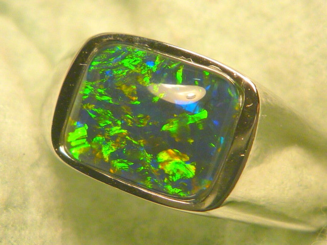 Mens Opal Ring Sterling Silver, Natural Opal Triplet. 10x8mm Rectangle