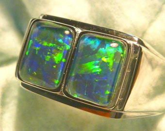 Mens Opal Ring SS (925) Natural Opal Triplet 2 x 8 x 6mm Rectangles . item 140728