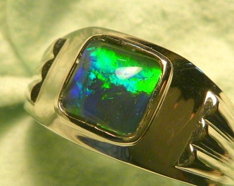 Mens Opal Ring Sterling Silver Natural Opal Triplet 8mm Square  item 160607.