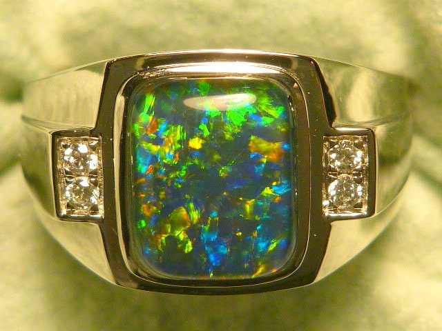 Mens Opal Ring Sterling Silver Natural Opal Triplet 10 x 8mm Rectangle. item 170339.