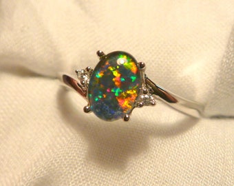 Womens Opal Ring Ladies Sterling Silver 925 & CZ, 8x6mm Oval Shape Triplet. item 070406.