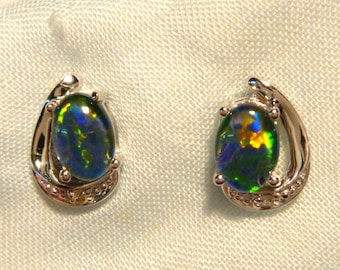 Opal Earrings 14ct White Gold & Diamond Stud.Triplet Opals 7 x5 Oval. item 60918.