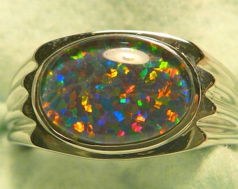 Mens Opal Ring Sterling Silver, Natural Opal Triplet. 13x9 mm Oval . item 160503.