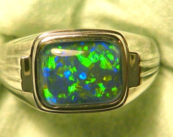 Mens Opal Ring Sterling Silver, Natural Opal Triplet. 10x8mm Rectangle. item 130828