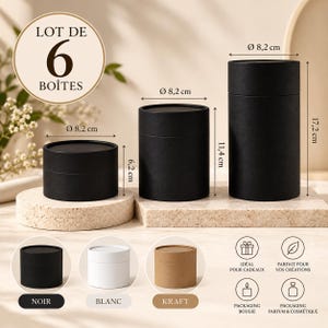 May include: A set of six black cylindrical cardboard boxes in three different heights. The boxes measure 8.2 cm in diameter, with heights of 6.2 cm, 11.4 cm, and 17.2 cm. The set includes options in black, white, and kraft paper colours.