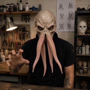 Könnte beinhalten: Eine Vollkopf-Kreaturenmaske mit einer texturierten, blassen, faltigen Hautoberfläche, tief liegenden Augen und vier langen, fleischigen, nach unten hängenden Tentakeln, die den Mundbereich bedecken. Die Maske wird über einem schlichten schwarzen T-Shirt getragen.